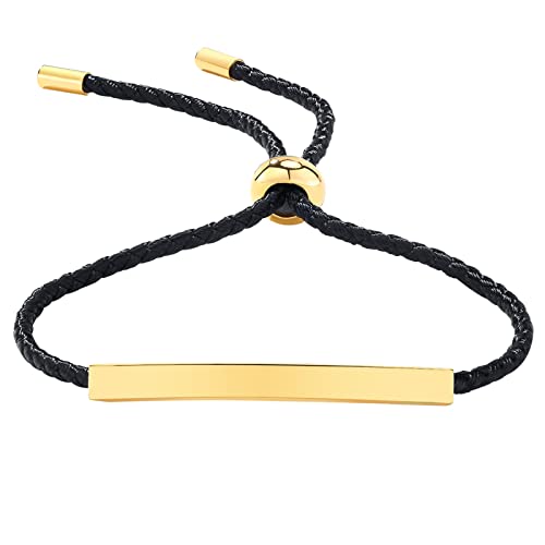 JewelryWe Schmuck Armband Damen Lederarmband Leder Geflochten Verstellbar Armreif Manschette mit Hochglanz Poliert Edelstahl Gravurplatte, Schwarz Gold von JewelryWe