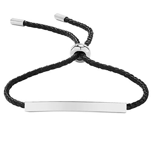 JewelryWe Schmuck Armband Damen Lederarmband Leder Geflochten Verstellbar Armreif Manschette mit Hochglanz Poliert Edelstahl Gravurplatte, Schwarz Silber von JewelryWe