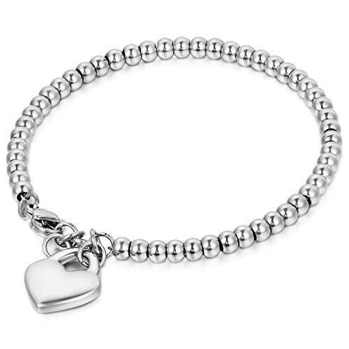 JewelryWe Glückliches Armband für Damen, polierter Edelstahl, Armbänder für Bräute, einfache Kugeln, Anhänger mit niedlicher Katze für Glück, 19.5 cm, Edelstahl von JewelryWe