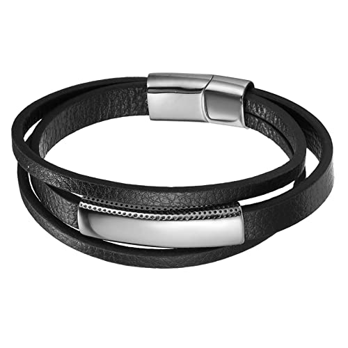 JewelryWe Schmuck Armband Herren Lederarmband Handgefertigt Leder Geflochten Mehrreihig Wickelarmband Armreif Manschette mit Edelstahl Magnetverschluss, Schwarz Silber von JewelryWe