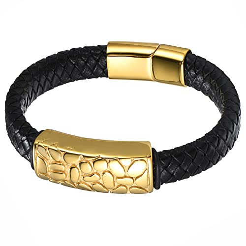 JewelryWe Schmuck Armband Herren Lederarmband Retro Punk Schlangenmuster Leder Geflochten Armreif Handgelenk Manschette mit Edelstahl Magnetverschluss, Schwarz Gold von JewelryWe