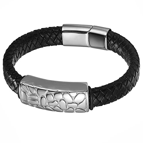 JewelryWe Schmuck Armband Herren Lederarmband Retro Punk Schlangenmuster Leder Geflochten Armreif Handgelenk Manschette mit Edelstahl Magnetverschluss, Schwarz Silber von JewelryWe