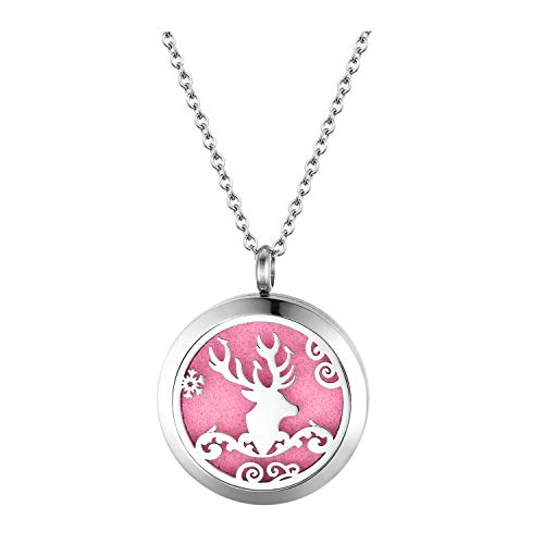 JewelryWe Weihnachten Aromatherapie Halskette Damen: Silber Edelstahl Weihnachts Elch REH Diffusor Ätherische öl öffenbar Floating Medaillon Locket Anhänger Kette mit 10 Bunt Filzkreisen Geschenk von JewelryWe