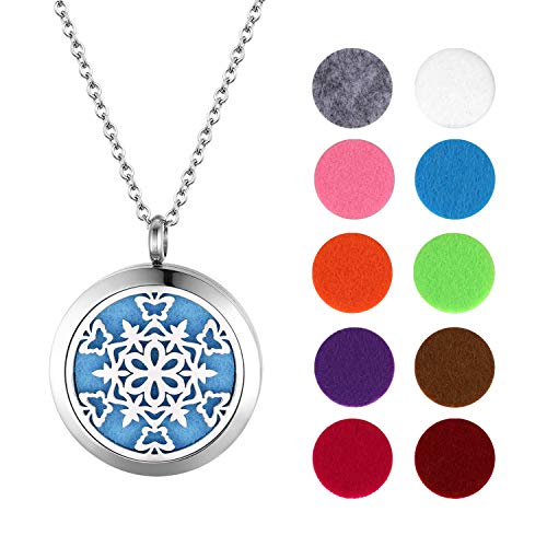 JewelryWe Schmuck Aromatherapie Halskette Edelstahl Ätherische Öle Parfum Diffusor Schneeflocke Floating Medaillon Locket Anhänger Damen Kette mit 10 farbigen Filzkreisen Weihnachten Geschenk von JewelryWe