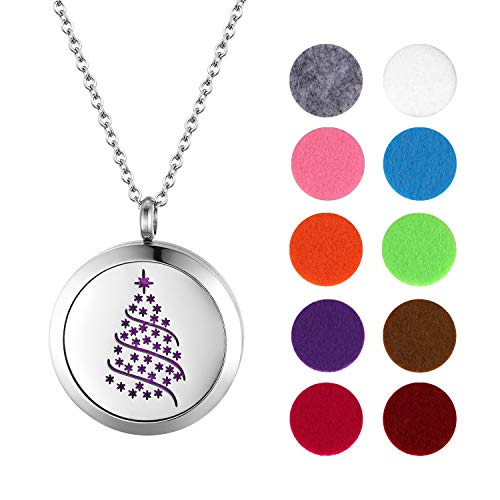 JewelryWe Weihnachten Aromatherapie Halskette Damen: Silber Edelstahl Schneeflocken Weihnachtsbaum Diffusor Ätherische öle öffenbar Floating Medaillon Locket Anhänger Kette mit 10 Bunt Filzkreisen von JewelryWe