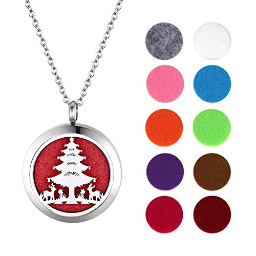 JewelryWe Schmuck Aromatherapie Halskette Edelstahl Ätherische Öle Parfum Diffusor Weihnachtsbaum Floating Medaillon Locket Anhänger Damen Kette mit 10 farbigen Filzkreisen Weihnachten Geschenk von JewelryWe