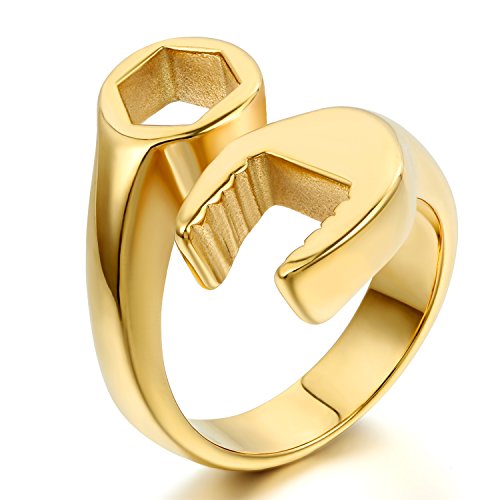 JewelryWe Schmuck Biker Edelstahl Herren-Ring, Fashion Mode Mechaniker Schraubenschlüssel Schlüssel Band Ring, Edelstahlring für Halloween Weihnachten, Gold Größe 67 - mit Geschenk Tüte von JewelryWe