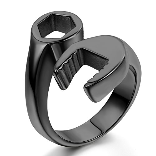 JewelryWe Schmuck Biker Edelstahl Herren-Ring, Fashion Mode Mechaniker Schraubenschlüssel Schlüssel Band Ring, Edelstahlring für Halloween Weihnachten, Schwarz Größe 67 - mit Geschenk Tüte von JewelryWe