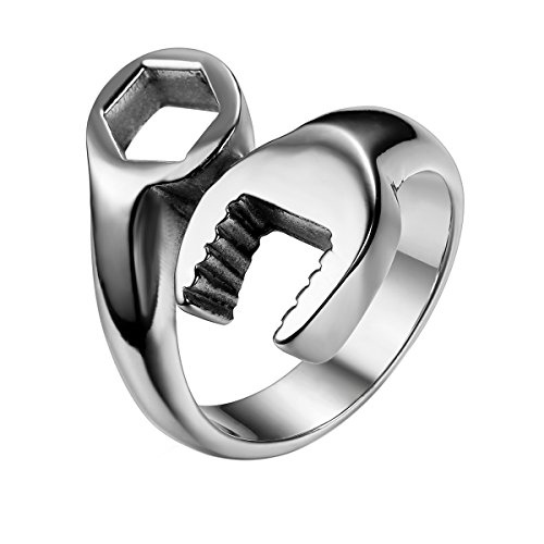 JewelryWe Schmuck Biker Edelstahl Herren-Ring, Fashion Mode Mechaniker Schraubenschlüssel Schlüssel Band Ring Edelstahlring für Halloween Weihnachten, Silber Größe 62 - mit Geschenk Tüte von JewelryWe