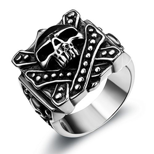 JewelryWe Schmuck Biker Edelstahl Herren-Ring, Retro Piraten-Schädel gekreuzten Knochen Totenkopf Band Ring, Schwarz Silber für Halloween Weihnachten Größe 54 - mit Geschenk Tüte von JewelryWe
