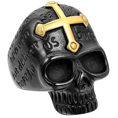 JewelryWe Schmuck Biker Herren-Ring, Edelstahl, Kreuz Gotik Totenkopf Schädel, Gold Schwarz - Größe 67 von JewelryWe