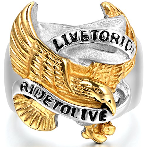 JewelryWe Schmuck Biker Herren-Ring, Edelstahl, Live to Ride - Ride to Live Retro Adler Falke Flügel, Gold Schwarz Silber - Größe 65 von JewelryWe