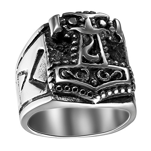 JewelryWe Schmuck Biker Herren-Ring, Edelstahl, Thors Hammer Siegelring, Schwarz Silber - Größe 54 von JewelryWe