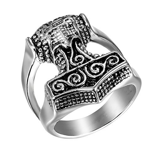 JewelryWe Schmuck Biker Herren-Ring Edelstahl Retro Thors Hammer Band Ring Schwarz Silber - Größe 59 von JewelryWe