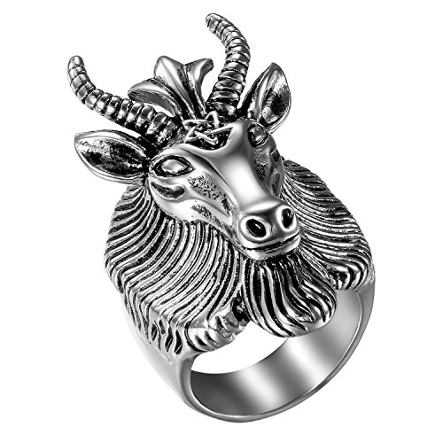 JewelryWe Schmuck Biker Herren-Ring Edelstahl Satan Verehrung Baphomet RAM Widder Sternzeichen Schaf Ziege Kopf Horn Ring Silber - Größe 57 von JewelryWe