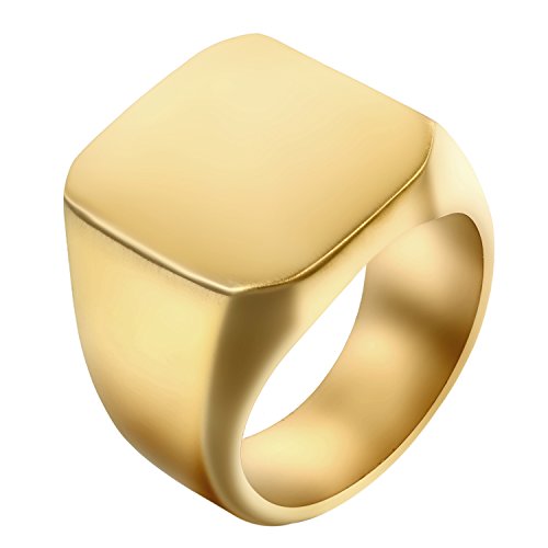 JewelryWe Schmuck Biker Herren-Ring mit Gravur, Personalisierte Edelstahl Glänzend Poliert Siegelring Quadrat Band Ring, Gold Größe 57 von JewelryWe