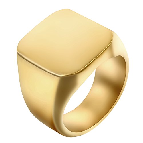 JewelryWe Schmuck Biker Herren-Ring mit Gravur, Personalisierte Edelstahl Glänzend Poliert Siegelring Quadrat Band Ring, Gold Größe 67 von JewelryWe