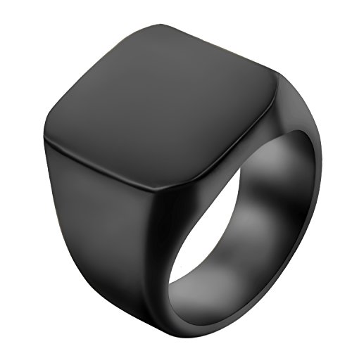 JewelryWe Schmuck Biker Herren-Ring mit Gravur, Personalisierte Edelstahl Glänzend Poliert Siegelring Quadrat Band Ring, Schwarz Größe 65 von JewelryWe