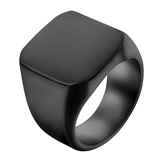 JewelryWe Schmuck Biker Herren-Ring mit Gravur, Personalisierte Edelstahl Glänzend Poliert Siegelring Quadrat Band Ring, Schwarz Größe 74 von JewelryWe