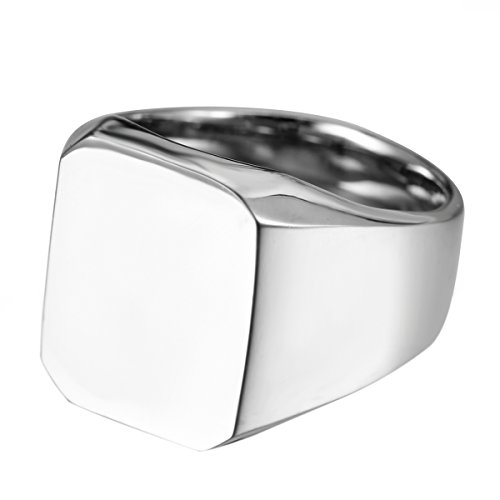 JewelryWe Schmuck Biker Herren-Ring mit Gravur, Personalisierte Edelstahl Glänzend Poliert Siegelring Quadrat Band Ring, Silber Größe 67 von JewelryWe