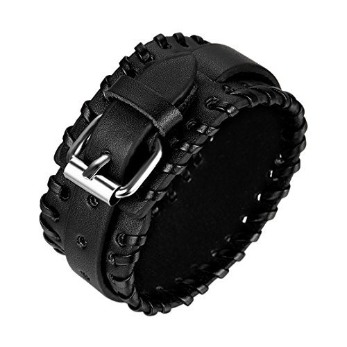 JewelryWe Schmuck Biker Lederarmband, Gürtel Design breit Schwarz Leder Armband, Partnerarmband Armreif für Damen Herren Unisex 21cm Breite 32mm von JewelryWe