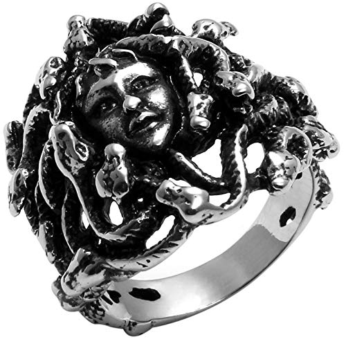 JewelryWe Schmuck Biker Ring für Damen & Herren, Edelstahl, Retro Griechische Mythologie Medusa Schlangen Behaarte Frau, Schwarz Silber von JewelryWe