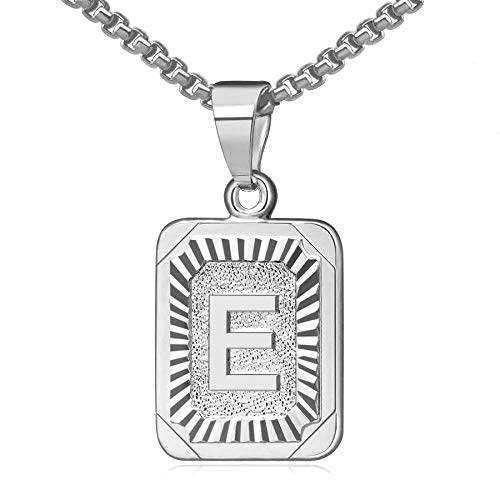 JewelryWe Schmuck Buchstaben Halskette A-Z mit Edelstahl Rechteck Tag Anhänger & Weizenkette Gold Silber für Herren Damen Geschenk E von JewelryWe