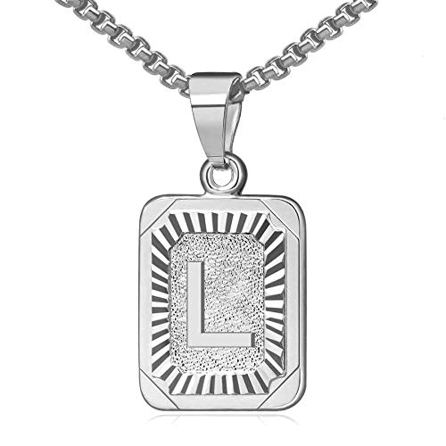JewelryWe Buchstaben Halskette Silber Buchstabenkette: Edelstahl Anfangsbuchstaben Alphabet L Rechteck Dog Tag Anhänger mit Weizenkette Initiale Kette Namenskette Schmuck Geschenk für Herren Damen von JewelryWe