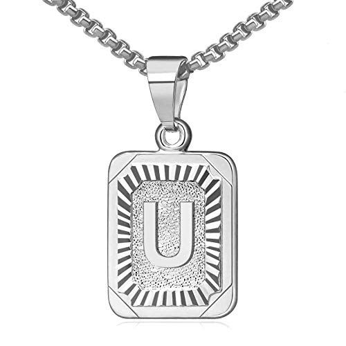 JewelryWe Schmuck Buchstaben Halskette A-Z mit Edelstahl Rechteck Tag Anhänger & Weizenkette Gold Silber für Herren Damen Geschenk U von JewelryWe