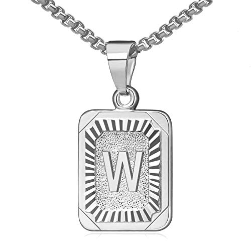 JewelryWe Schmuck Buchstaben Halskette A-Z mit Edelstahl Rechteck Tag Anhänger & Weizenkette Gold Silber für Herren Damen Geschenk W von JewelryWe