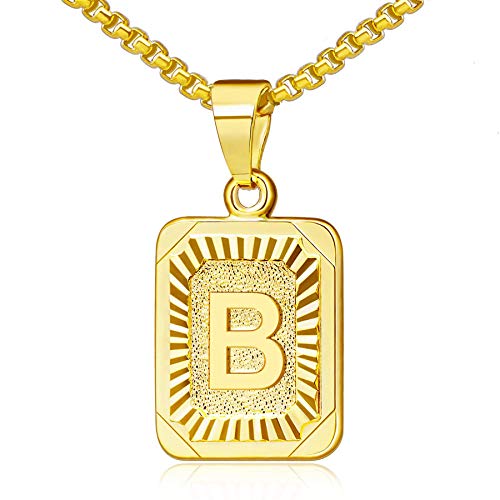 JewelryWe Buchstaben Halskette Gold Buchstabenkette: Edelstahl Anfangsbuchstaben Alphabet B Rechteck Dog Tag Anhänger mit Weizenkette Initiale Kette Namenskette Schmuck Geschenk für Herren Damen von JewelryWe