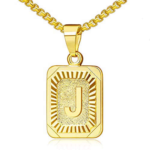 JewelryWe Buchstaben Halskette Gold Buchstabenkette: Edelstahl Anfangsbuchstaben Alphabet J Rechteck Dog Tag Anhänger mit Weizenkette Initiale Kette Namenskette Schmuck Geschenk für Herren Damen von JewelryWe