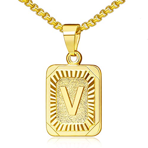 JewelryWe Buchstaben Halskette Herren Damen: Edelstahl Buchstabenkette Initial Alphabet A-Z Rechteck Dog Tag Anhänger mit Weizenkette Kette Geschenk für Männer Frauen Gold von JewelryWe