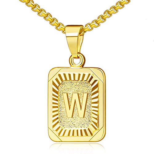 JewelryWe Buchstaben Halskette Gold Buchstabenkette: Edelstahl Anfangsbuchstaben Alphabet W Rechteck Dog Tag Anhänger mit Weizenkette Initiale Kette Namenskette Schmuck Geschenk für Herren Damen von JewelryWe