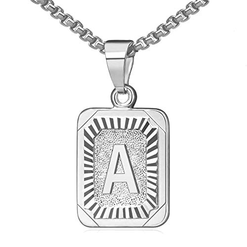 JewelryWe Buchstaben Halskette Silber Buchstabenkette: Edelstahl Anfangsbuchstaben Alphabet A Rechteck Dog Tag Anhänger mit Weizenkette Initiale Kette Namenskette Schmuck Geschenk für Herren Damen von JewelryWe