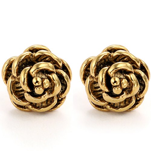 JewelryWe Rose Ohrstecker Ohrringe Damen: Gold Edelstahl Kleine Rose Blumen Charm Gestüt Ohrringe Unisex Mini Rosenblüte Ohrschmuck Schraube Ohr Piercing Schmuck für Frau Männer von JewelryWe