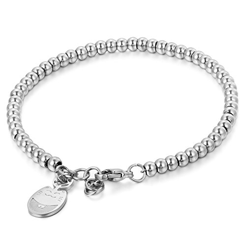 JewelryWe Schmuck Charme Damen Kugel Perlen Armband, Handgelenk Kugel Perlenkette mit Lucky Cat Katze Anhänger, Edelstahl Armreif, Silber von JewelryWe