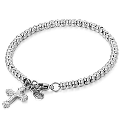 JewelryWe Damen Herren Armband mit Kreuz Anhänger, Edelstahl Kugel Perlenkette Armkette Armreif Silber von JewelryWe