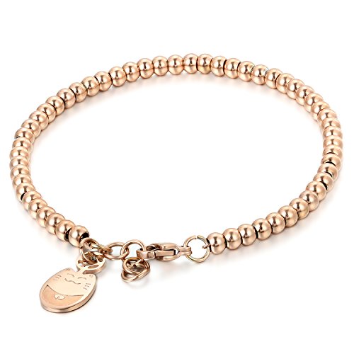 JewelryWe Schmuck Charme Damen Kugel Perlen Armband,Handgelenk Kugel Perlenkette mit Lucky Cat Katze Anhänger, Edelstahl Armreif, Rosegold von JewelryWe