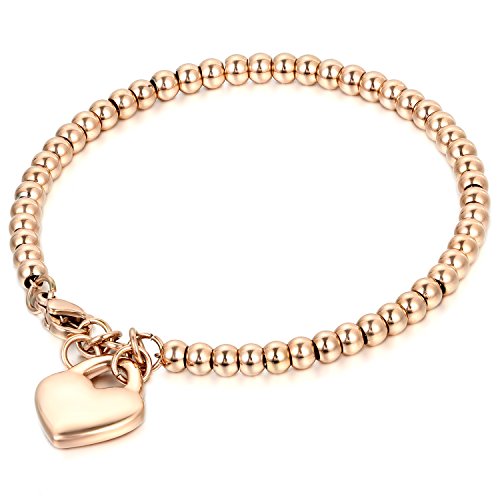 JewelryWe Schmuck Charme Damen Kugel Perlen Armband,Handgelenk Kugel Perlenkette mit solid Herz Anhänger Herzkette, Edelstahl Armreif, Rosegold von JewelryWe