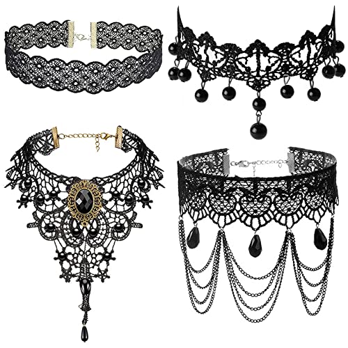 JewelryWe Schmuck 4 PCS Choker Halsband Halskette Set Schwarz Samt Stretch Vintage Gothic Quasten Tattoo Spitze Collar Choker Halsketten Ketten für Halloween Party Cosplay Damen Mädchen Geschenk von JewelryWe