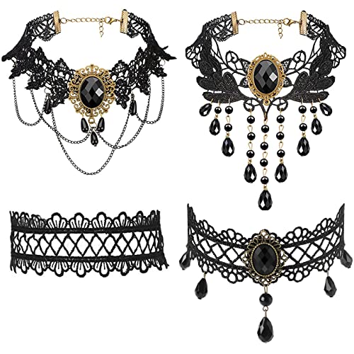 JewelryWe Schmuck 4 PCS Choker Halsband Halskette Set Schwarz Samt Stretch Vintage Gothic Quasten Tattoo Spitze Collar Choker Halsketten Ketten für Halloween Party Cosplay Damen Mädchen Geschenk von JewelryWe