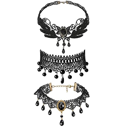 JewelryWe Schmuck 3 PCS Choker Halsband Halskette Set Schwarz Samt Stretch Vintage Gothic Quasten Tattoo Spitze Collar Choker Halsketten Ketten für Halloween Party Cosplay Damen Mädchen Geschenk von JewelryWe