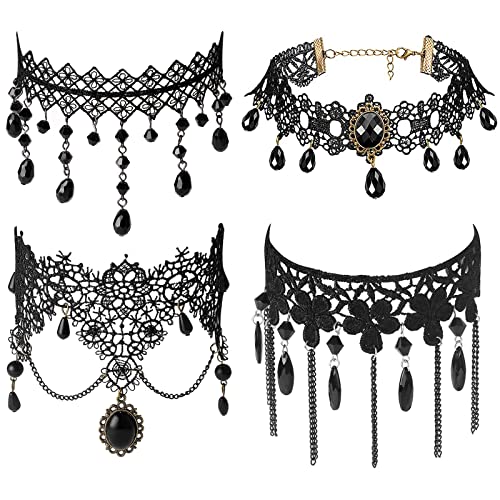 JewelryWe Schmuck 4 PCS Choker Halsband Halskette Set Schwarz Samt Stretch Vintage Gothic Quasten Tattoo Spitze Collar Choker Halsketten Ketten für Halloween Party Cosplay Damen Mädchen Geschenk von JewelryWe