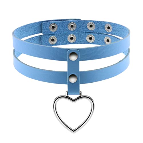 JewelryWe Schmuck Damen Choker Halsband Leder Halskette Gothic Punk Herz Zweischichtig Collier Kette mit Herz Anhänger verstellbare Kragen Halsketten für Frauen Mädchen Blau von JewelryWe