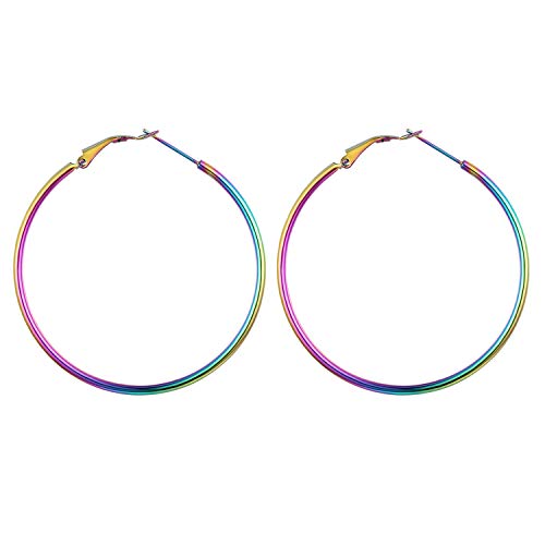 JewelryWe Schmuck Creolen Damen Edelstahl Hochglanz Poliert Große Ring Ohrringe Ohrhänger Ohrstecker Ohr-Piercings für Frauen Mädchen Bunt Mehrfarbig- Durchmesser: 50 mm von JewelryWe