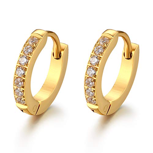 JewelryWe Schmuck Creolen Edelstahl Zirkonia Kreolen Klappcreolen Huggie Ohrringe für Damen Herren 13MM, Gold von JewelryWe