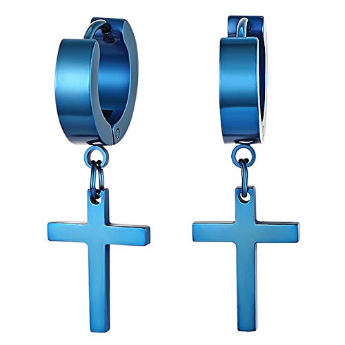 JewelryWe Schmuck Creolen Kreuz, Edelstahl Klassisches Kruzifix Ohrringe Ohrstecker Ohrhänger Ohr-Piercing für Herren Damen, Blau von JewelryWe