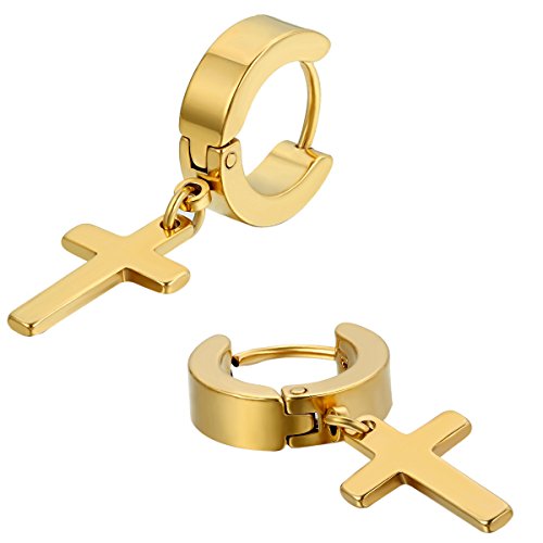 JewelryWe Schmuck Creolen Kreuz, Edelstahl Klassisches Kruzifix Ohrringe Ohrstecker Ohrhänger Ohr-Piercing für Herren Damen, Gold von JewelryWe