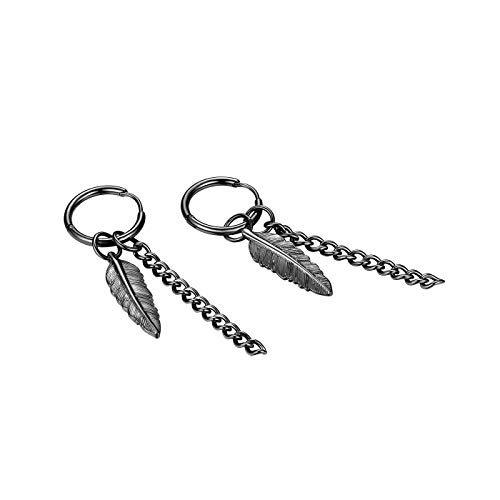 JewelryWe Schmuck Creolen Ohrringe Blatt Feder Kette Anhänger Edelstahl Ohrstecker Pierced Ohrhänger für Herren Damen, Schwarz von JewelryWe